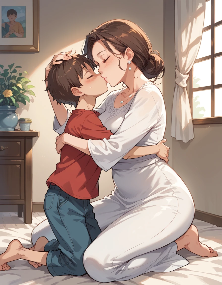 score_9, score_8_up, score_7_up, source_anime, 1boy, 1girl, mature female, mother and son, kid, hug, kiss, hand on head, kneeling,