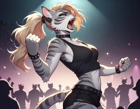 score_9,score_8_up,score_7_up, score_6_up, score_5_up,source_anime, Kat, Anthro furry feline, silver fur, grey stripes on body, closed eyes, furrowed eyebrows, open mouth, long blonde hair, undercut hair, one side of hair shaved, pink nose, :3, female, wearing black tank top, heavy metal band shirt, heavy metal band design on her shirt, black Jean short shorts, black studded bracelets, choker, nose ring, black mascara, gauged ears, simple white background, standing, heavy metal aesthetic, at a concert, metal concert, big crowd of humans, screaming, raising a fist in the air, clenched fist, side view, 