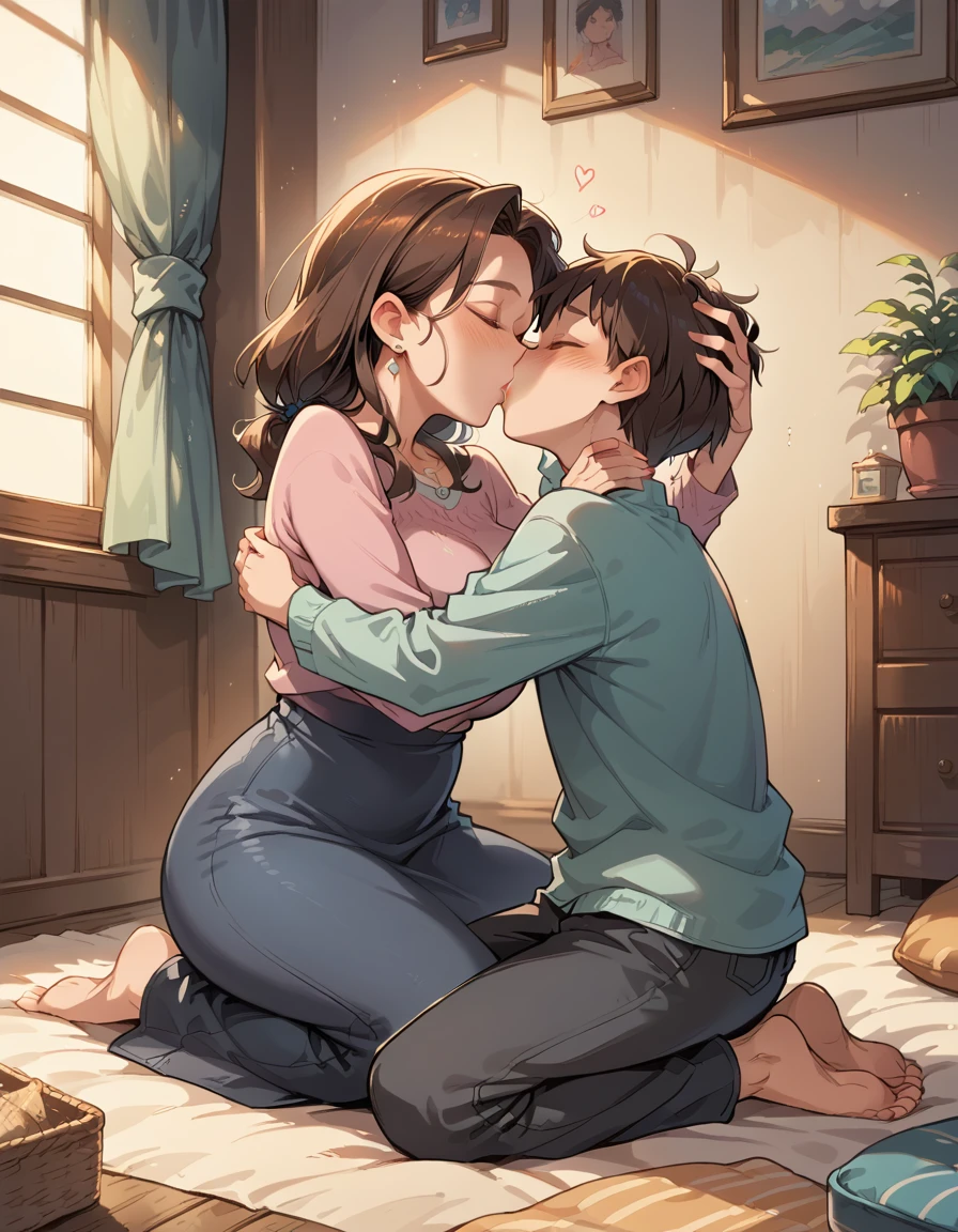 score_9, score_8_up, score_7_up, source_anime, 1boy, 1girl, mature female, mother and son, kid, hug, kiss, hand on head, kneeling,