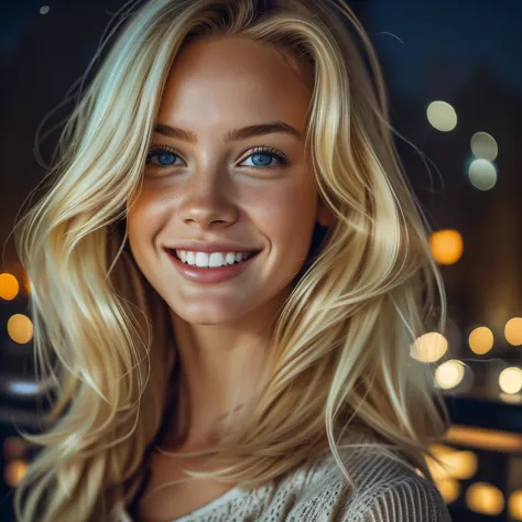 summer6, beautiful blonde, at night, city, night dress, city lights, realistic, photography, selfie, smile