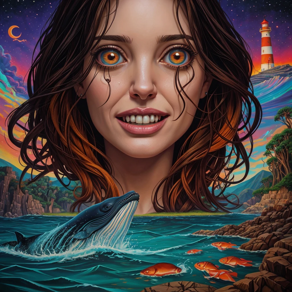 front view oil painting of a woman with face of Winona Ryder morphed with Angelina Jolie laughing with gigantic hairdo, upper body pointing up from water surface like two islands, mouth full of water, puffed out cheeks, tears of joy, whale, lighthouse in the background, shamanic horror lsd art, psychedelic cosmic horror, psychedelic surreal art, anya_taylor-joy, surreal painting, horror surreal art, hallucinatory art, trippy art, surreal concept art, casey weldon, scary color art in 4k