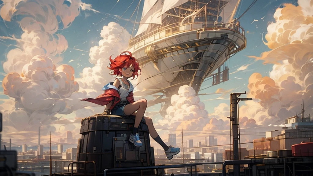 girl１people,Futuristic buildings,A golden airship flying in the sky,Blue sky,Flowing Clouds,sit,Looking up at the sky in the distance,Short Hair,Shortcuts,Red hair color,Blue Eyes,11 years old,boyish,Asian people,smile,Primary school students,Sunburned skin,Being thin,freckles,White shorts,White tank top,Red jacket,Low position、