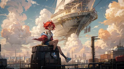 girl１people,Futuristic buildings,A golden airship flying in the sky,Blue sky,Flowing Clouds,sit,Looking up at the sky in the dis...