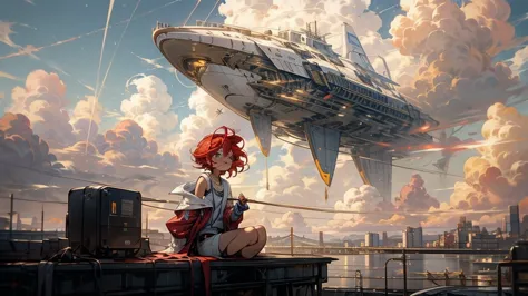 girl１people,futuristic buildings,a golden airship flying in the sky,blue sky,flowing clouds,sit,looking up at the sky in the dis...