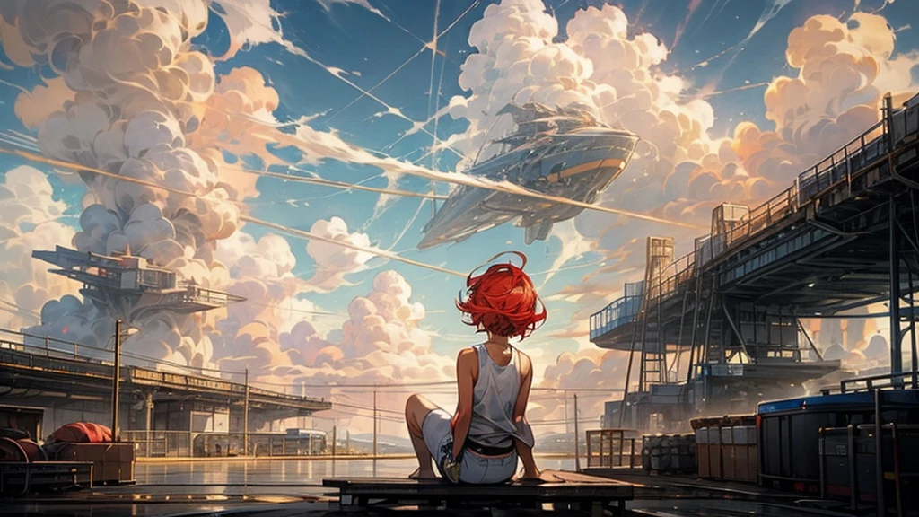 girl１people,Futuristic buildings,A golden airship flying in the sky,Blue sky,Flowing Clouds,sit,Looking up at the sky in the distance,Short Hair,Shortcuts,Red hair color,Blue Eyes,11 years old,boyish,Asian people,smile,Primary school students,Sunburned skin,Being thin,freckles,White shorts,White tank top,Red jacket,Low position、