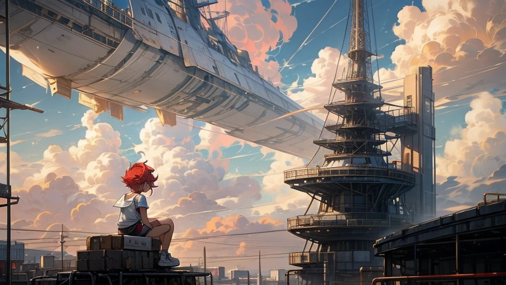 girl１people,Futuristic buildings,A golden airship flying in the sky,Blue sky,Flowing Clouds,sit,Looking up at the sky in the distance,Short Hair,Shortcuts,Red hair color,Blue Eyes,11 years old,boyish,Asian people,smile,Primary school students,Sunburned skin,Being thin,freckles,White shorts,White tank top,Red jacket,Low position、