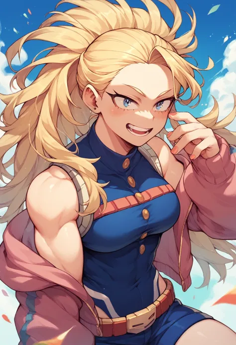 create a my hero academia character, a girl with long blonde hair, with colorful clothes, and small