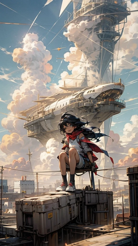 girl１people,Futuristic buildings,A golden airship flying in the sky,Blue sky,Flowing Clouds,sit,Looking up at the sky in the distance,long Hair,Shortcuts,black hair color,Blue Eyes,11 years old,boyish,Asian people,smile,Primary school students,Sunburned skin,Being thin,freckles,White shorts,White tank top,Red jacket,Low position、