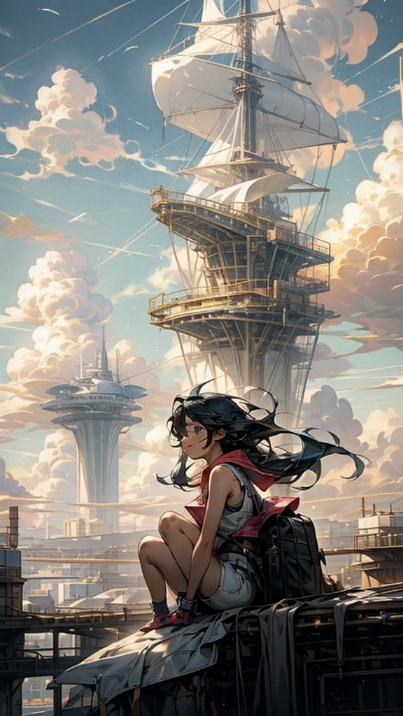 girl１people,Futuristic buildings,A golden airship flying in the sky,Blue sky,Flowing Clouds,sit,Looking up at the sky in the distance,long Hair,Shortcuts,black hair color,Blue Eyes,11 years old,boyish,Asian people,smile,Primary school students,Sunburned skin,Being thin,freckles,White shorts,White tank top,Red jacket,Low position、