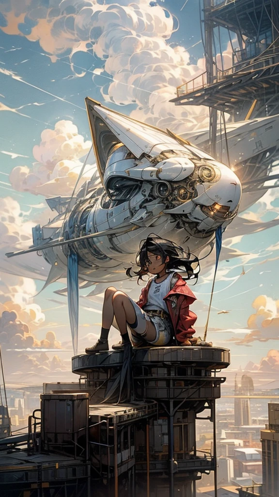 girl１people,Futuristic buildings,A golden airship flying in the sky,Blue sky,Flowing Clouds,sit,Looking up at the sky in the distance,long Hair,Shortcuts,black hair color,Blue Eyes,11 years old,boyish,Asian people,smile,Primary school students,Sunburned skin,Being thin,freckles,White shorts,White tank top,Red jacket,Low position、