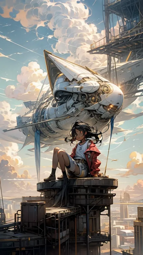 girl１people,Futuristic buildings,A golden airship flying in the sky,Blue sky,Flowing Clouds,sit,Looking up at the sky in the dis...