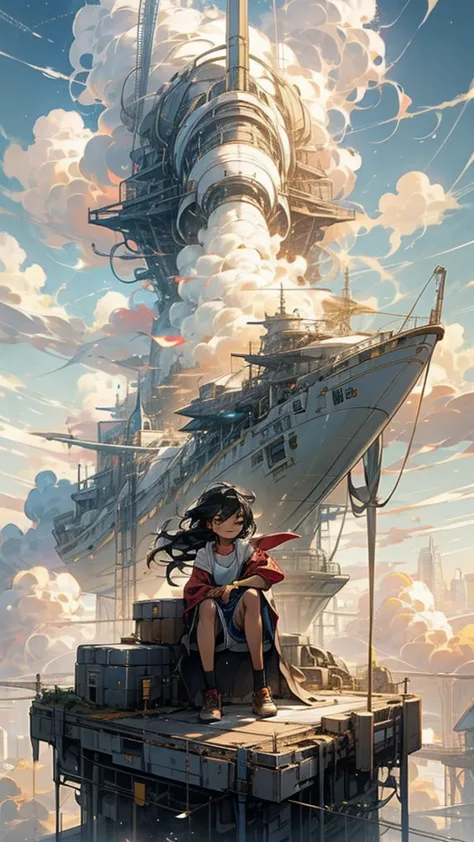 girl１people,Futuristic buildings,A golden airship flying in the sky,Blue sky,Flowing Clouds,sit,Looking up at the sky in the dis...