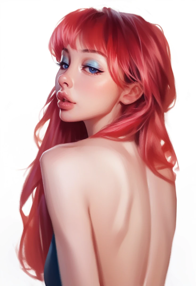 fuzzy, traditional art, brush texture, 1 girl, Red hair, up to the shoulder blades, straight hair, long hair, Blue eyes, Plump lips, long eyelashes, half-closed eyes, adult, Beautiful make-up, Big breasts, blue eyeshadow, Looking at the viewer, break solo, standing, adult, skinny, high leg, arched back, hip gap, break (White background:1.2), simple background, dynamic pose, Dynamic angle, Corner shot,