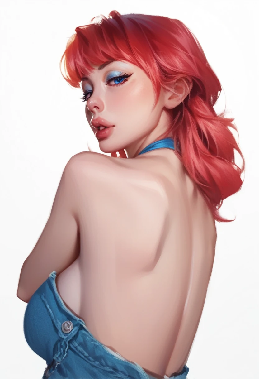 fuzzy, traditional art, brush texture, 1 girl, Red hair, up to the shoulder blades, straight hair, long hair, Blue eyes, Plump lips, long eyelashes, half-closed eyes, adult, Beautiful make-up, Big breasts, blue eyeshadow, Looking at the viewer, break solo, standing, adult, skinny, high leg, arched back, hip gap, break (White background:1.2), simple background, dynamic pose, Dynamic angle, Corner shot,