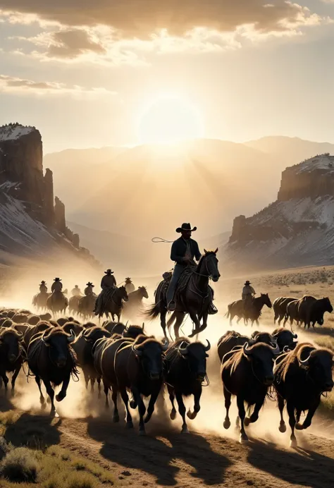 (masterpiece, highest quality, very detailed, wide shot), silhouette, (western cowboy on horseback), he chases a herd of buffalo...