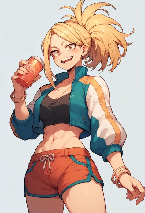 create a my hero academia character, a girl with mid blonde hair, with colorful clothes, and small