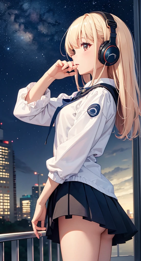 ((masterpiece)),(((bestquality))),((ultra-detailed)),octans, sky, star (sky), scenery, starry sky, night, 1girl, wearing headphone,stands on the rooftop, night sky, solo, outdoors, building, cloud, milky way