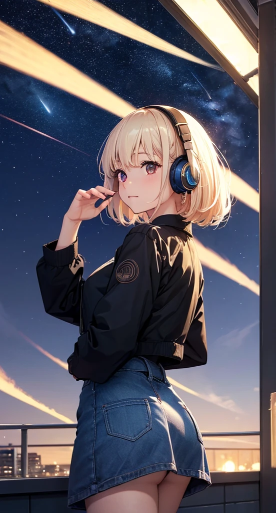 ((masterpiece)),(((bestquality))),((ultra-detailed)),octans, sky, star (sky), scenery, starry sky, night, 1girl, wearing headphone,stands on the rooftop, night sky, solo, outdoors, building, cloud, milky way