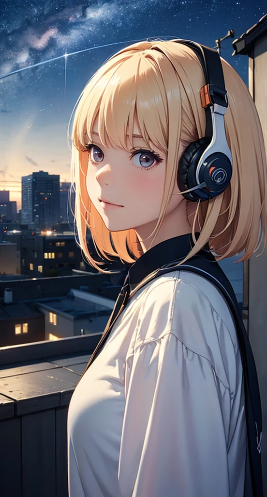 ((masterpiece)),(((bestquality))),((ultra-detailed)),octans, sky, star (sky), scenery, starry sky, night, 1girl, wearing headphone,stands on the rooftop, night sky, solo, outdoors, building, cloud, milky way