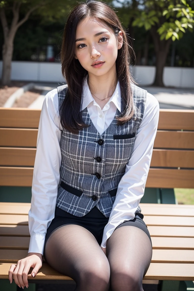 ulzzang-6500-v1.1, (RAW Photos:1.2), (Photorealistic), (Genuine:1.4), １girl、Perfect Anatomy、42 years old、Looking at the camera、Medium Long Hair、Plaid vest、((Sitting on a bench:1.3))、(Ultra-realistic pantyhose:1.2), (High heels)、(Business services)、