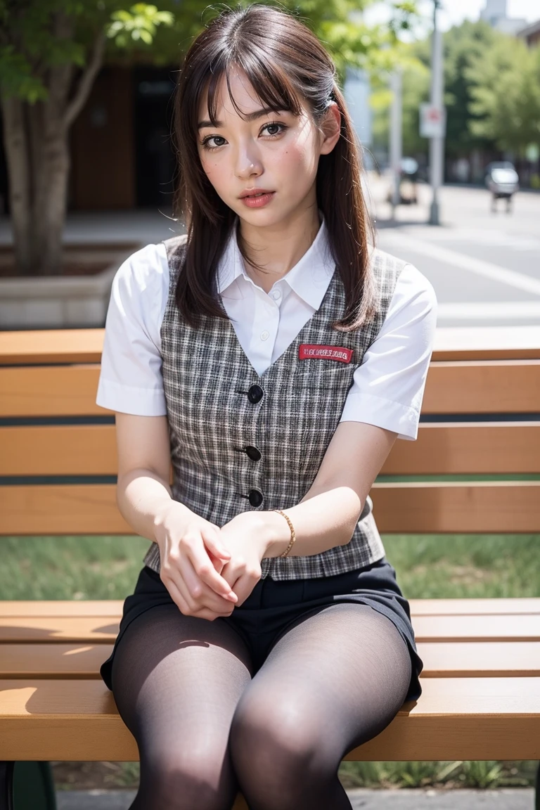 ulzzang-6500-v1.1, (RAW 照片:1.2), (真实感), (真的:1.4), １女孩、完美的解剖结构、4、看着相机、中长发、格子背心、((坐在长凳上:1.3))、(超逼真的连裤袜:1.2), (高跟鞋)、(商业服务)、