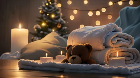 towel and candles are on a table with a teddy bear, Holiday season, towel, relax mood, Peaceful atmosphere, Cozy and serene atmosphere, Morning Glow, relax atmosphere, Pleasant atmosphere, relax, Soft glow, spa, Luxurious surroundings, Soft and warm light, Photorealistic cinematic rendering, relax environment, Beautiful atmosphere, Sublime and cozy atmosphere, Beautiful atmosphere、８K、Change to a soothing background