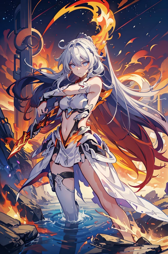 1 girl, Kiana, is a fiery and fierce warrior, known for her striking appearance and unmatched combat skills. She is often surrounded by a fiery aura, reflecting her inner intensity and passion. With her trusty sword and shield, she charges into battle, leaving a trail of flames in her wake. As a guardian of the realm, she wields the power of flame and light, illuminating the path for those she protects. Though her fierce exterior may intimidate, her kind heart and unyielding dedication to justice inspire loyalty and respect from her allies.
