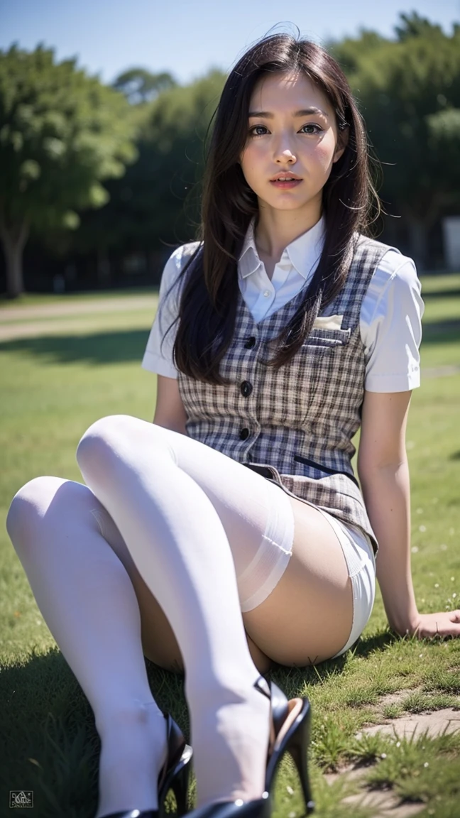 ulzzang-6500-v1.1, (RAW Photos:1.2), (Photorealistic), (Genuine:1.4), １girl、Perfect Anatomy、48 years old、Looking at the camera、Medium Long Hair、Plaid vest、((Sitting on the grass:1.0))、(Ultra-realistic pantyhose:1.2), (High heels)、(Business services)、skirtlift