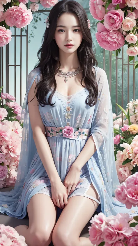 (masterpiece, best quality, best quality, official art, beauty and aesthetics: 1.2), (1 girl: 1.3), very detailed, (fractal art: 1.1), (color: 1.1) (flowers: 1.3), most detailed, long wavy hair, up to the knees, eyes looking at camera, perfect eyes, (wet skin), 