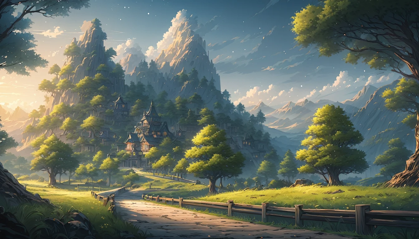 masterpiece, best quality, number, illustration, Anime style background, landscape, background, Low exposure, 4K resolution, Extreme details, Very detailed, light, Trees, Comfort, architecture