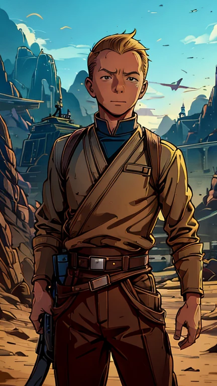 (Teens:1boy: Tintin,Star Wars), (extremely detailed CG unit 8k wallpaper),(master part), (best quality), (ultra detali), (best illustration),(melhor ombre), cowboy shot, (Sharp eyeliner, ombre, detailedeyes:1), Konoha Village background, ,break , (star15escola:1.2), upper body,short hair, grey hair, 1man, Tintin,1boy, blue top, brown pant