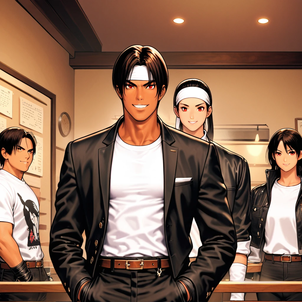 Orochikyo, Dark Skin,Red eyes,Black jacket, Fingerless gloves, White T-shirt, White headband, Black trousers, White shoes, Brown belt, good looking,indoor, charm, masterpiece, High resolution, Detailed face,fine grain, A confident grin,Dining with friends at a restaurant,speaking