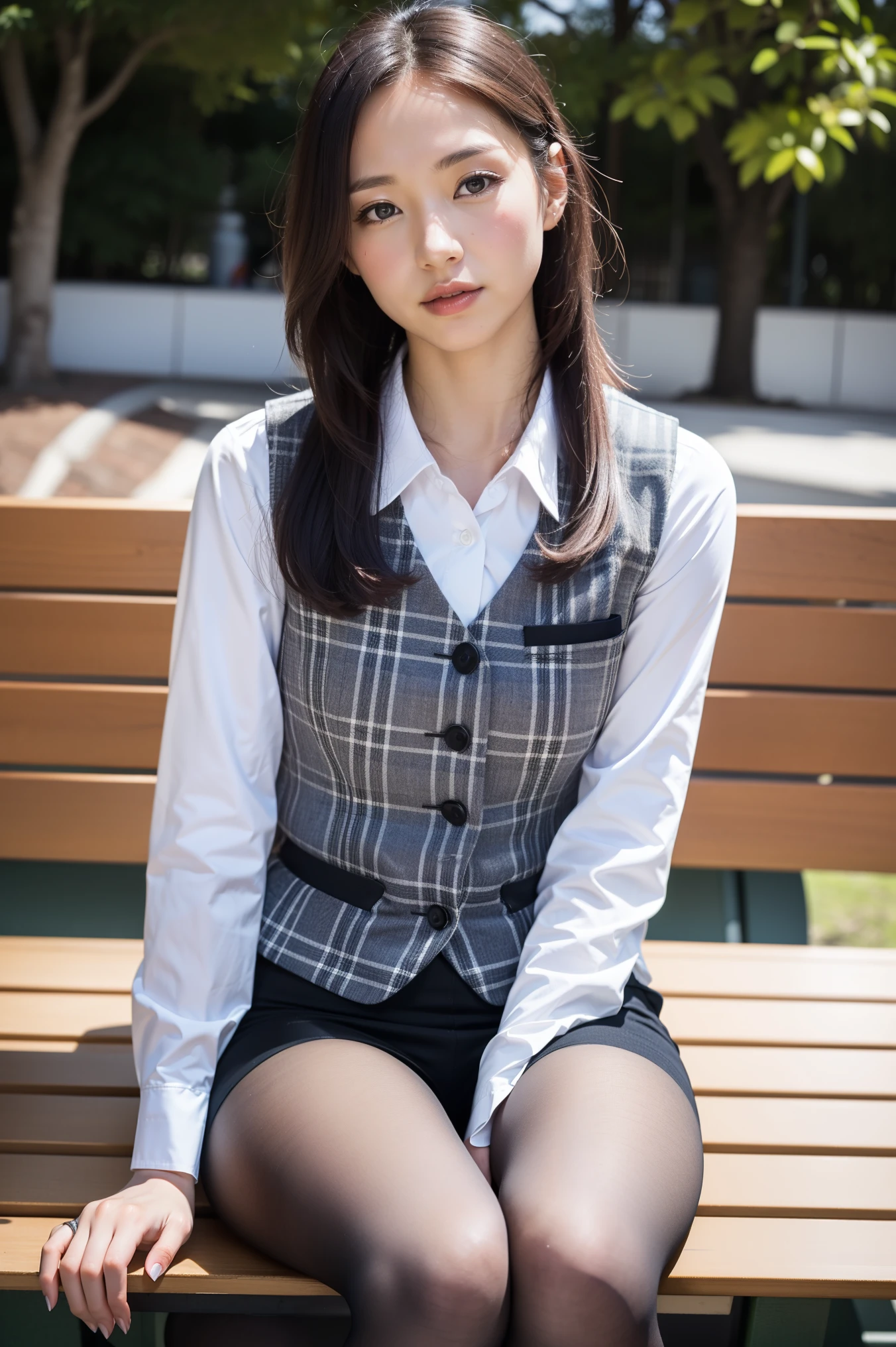 ulzzang-6500-v1.1, (RAW Photos:1.2), (Photorealistic), (Genuine:1.4), １girl、Perfect Anatomy、42 years old、Looking at the camera、Medium Long Hair、Plaid vest、((Sitting on a bench:1.3))、(Ultra-realistic pantyhose:1.2), (High heels)、(Business services)、