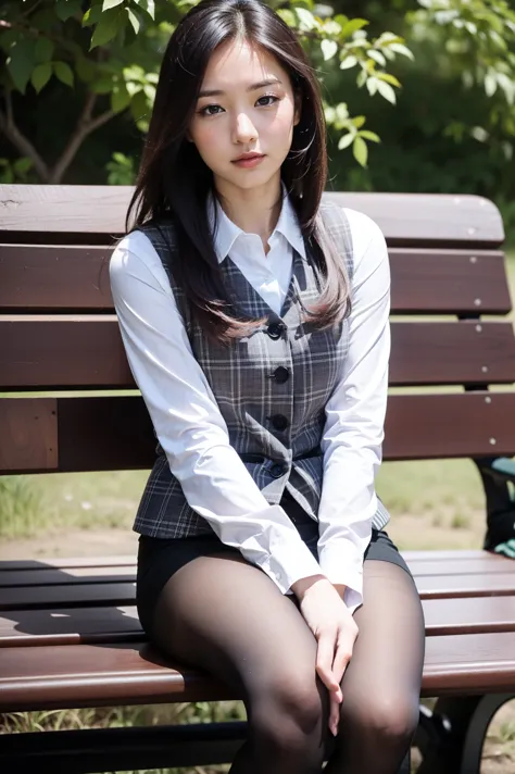 ulzzang-6500-v1.1, (RAW Photos:1.2), (Photorealistic), (Genuine:1.4), １girl、Perfect Anatomy、42 years old、Looking at the camera、Medium Long Hair、Plaid vest、((Sitting on a bench:1.3))、(Ultra-realistic pantyhose:1.2), (High heels)、(Business services)、