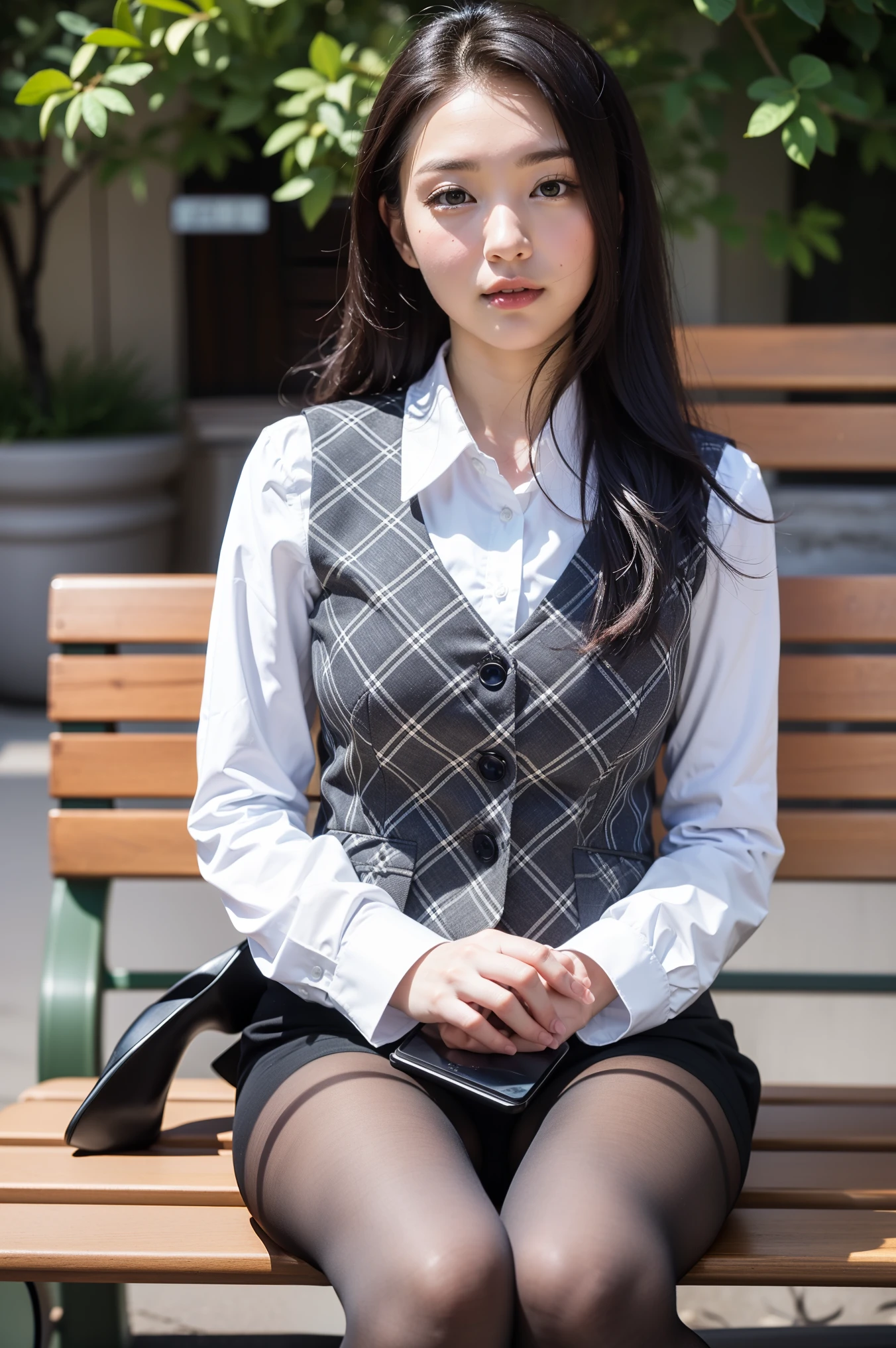 ulzzang-6500-v1.1, (RAW Photos:1.2), (Photorealistic), (Genuine:1.4), １girl、Perfect Anatomy、42 years old、Looking at the camera、Medium Long Hair、Plaid vest、((Sitting on a bench:1.3))、(Ultra-realistic pantyhose:1.2), (High heels)、(Business services)、