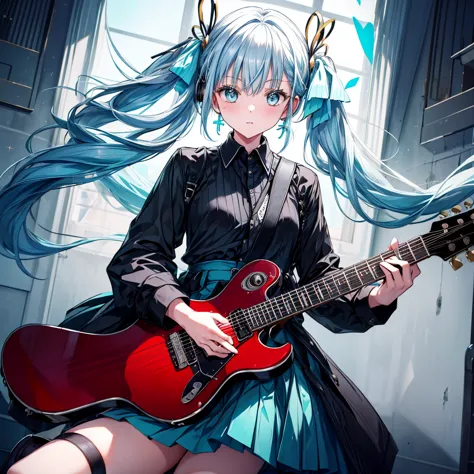 ((masterpiece, highest quality))one girl, alone, black dress, blue eyes, electric guitar, guitar, headphones, double ponytail, h...