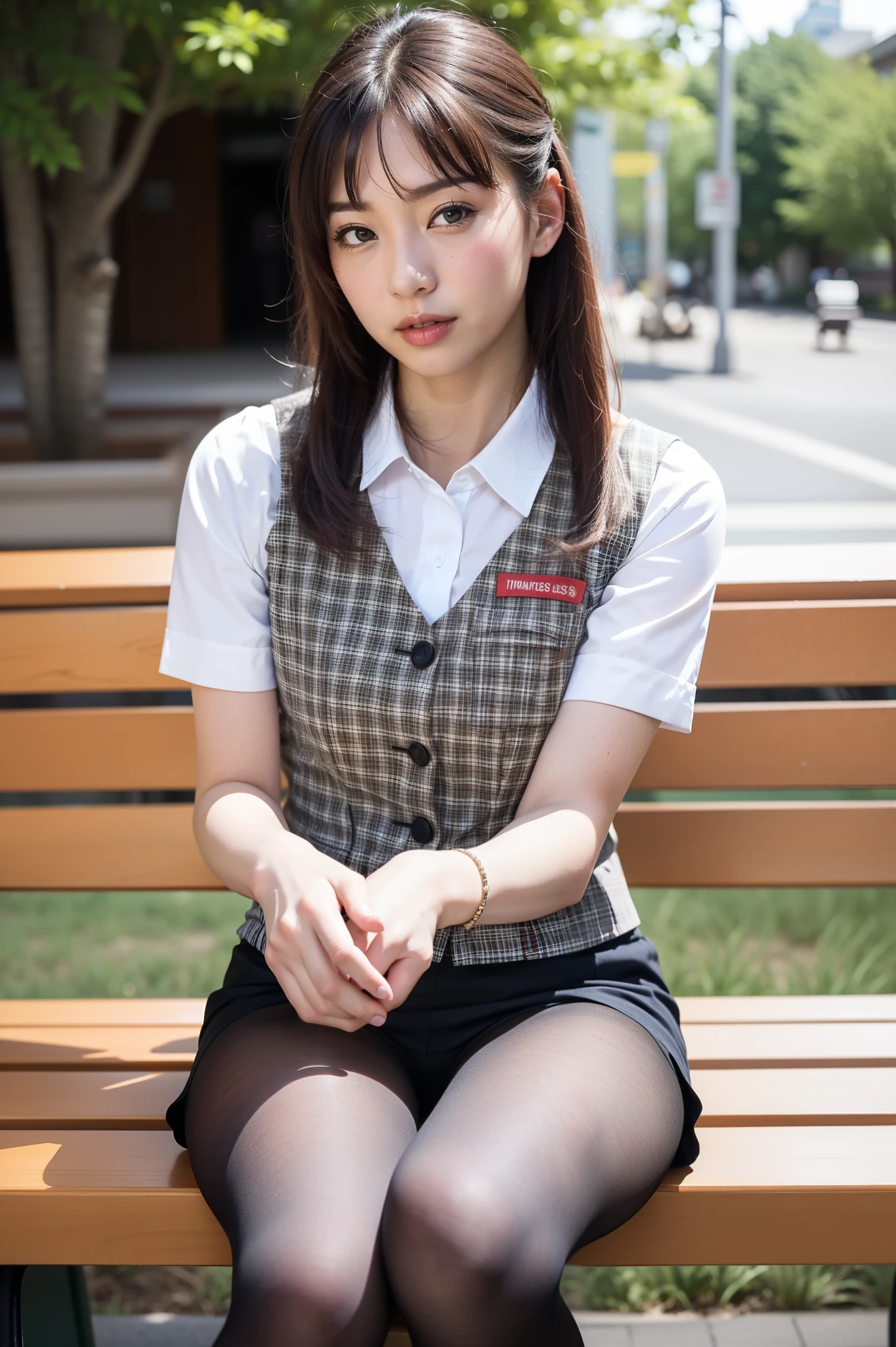 ulzzang-6500-v1.1, (RAW Photos:1.2), (Photorealistic), (Genuine:1.4), １girl、Perfect Anatomy、42 years old、Looking at the camera、Medium Long Hair、Plaid vest、((Sitting on a bench:1.3))、(Ultra-realistic pantyhose:1.2), (High heels)、(Business services)、