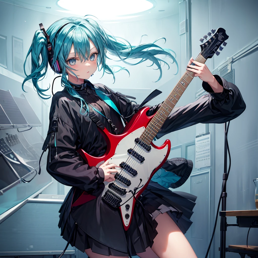 ((masterpiece, Highest quality))One girl, alone, Black Dress, blue eyes, electric guitar, guitar, Headphones, Double Ponytail, Holding, Holding plectrum, musical instrument, Long Hair, music, One side up, Turquoise Hair, Twin tails, guitarを弾く, Pleated skirt, Black Shirt, interior