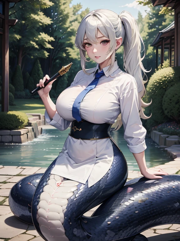 High detail、masterpiece、Perfect single tail、One girl, Lamia, scale, White shirt,、 whole body, Outdoor,mega twintails