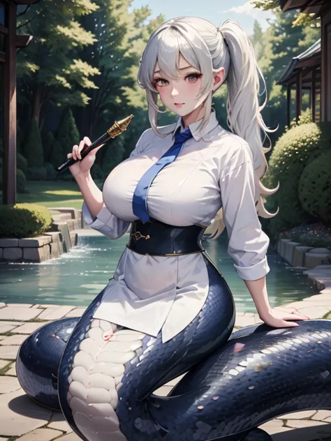 high detail、masterpiece、perfect single tail、one girl, lamia, scale, white shirt,、 whole body, outdoor,mega twintails