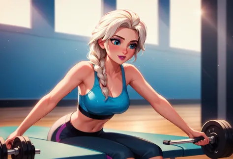 score_9,score_8_up,score_7_up,score_6_up, detailed soft lighting, cinematic film still casual elsa, (cute workout attire, long h...