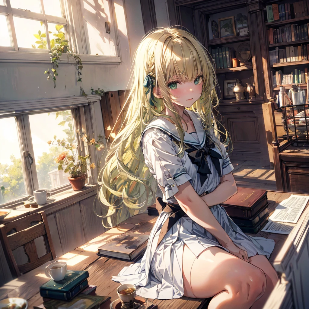 ((masterpiece,Highest quality, High resolution)), One girl, alone, Green Eyes, Long blonde hair tied with a blue ribbon, Blunt bangs, Sitting, Arms folded on the table, Sleep arm in arm, , White Seraphim, Red Sailor Collar, Short sleeve, White pleated skirt, (In the library), Dramatic Light, Next to the window, afternoon light through the window, afternoon, Bokeh effect