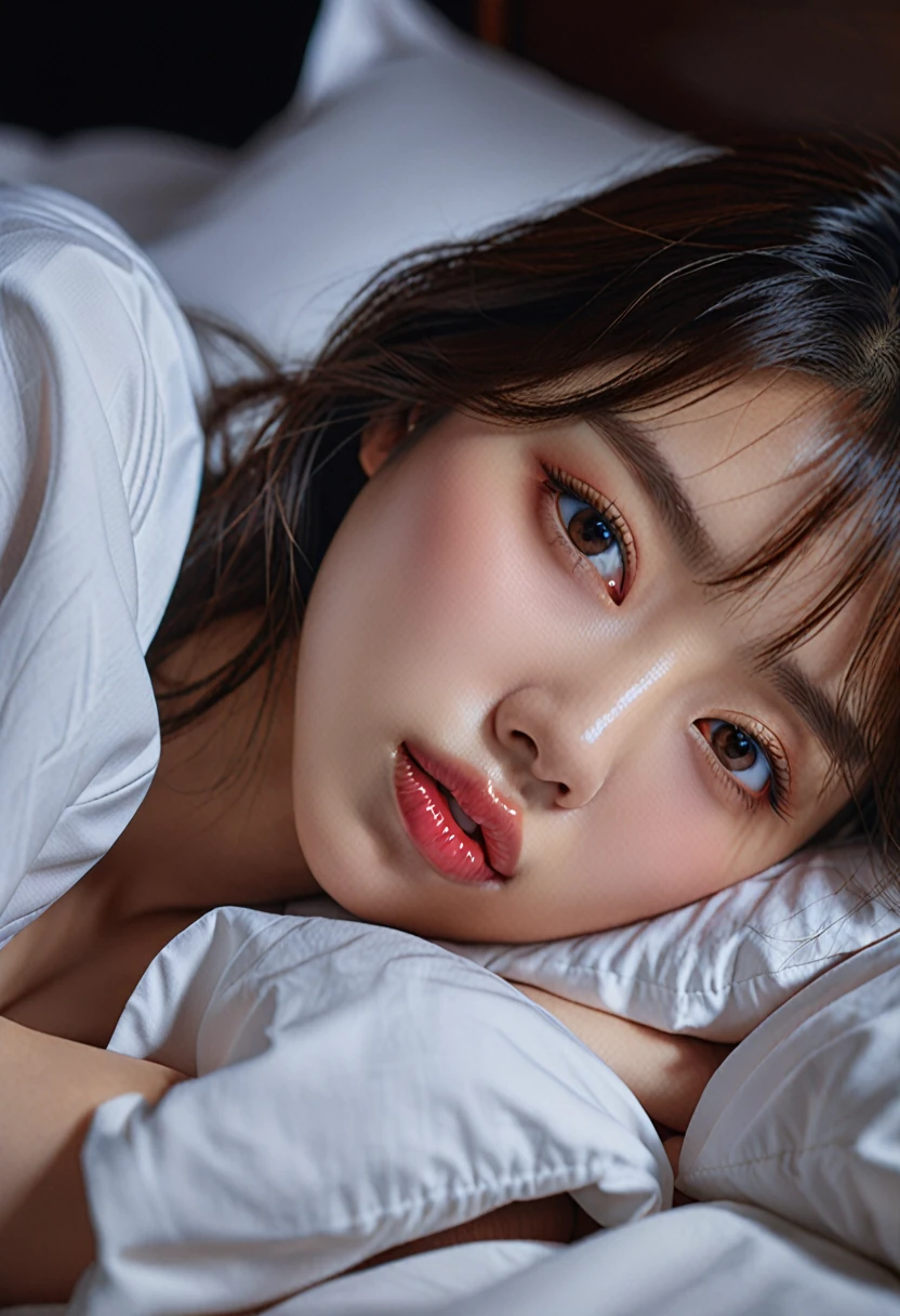 1girl, japanese, laying on the bed, ((tongue out)), ((saliva dripping from tongue)), extremely detailed face, beautiful detailed eyes, beautiful detailed lips, long eyelashes, flawless skin, soft lighting, detailed bedsheets, detailed pillows, cinematic composition, dramatic lighting, intricate details, masterpiece, (best quality,4k,8k,highres,masterpiece:1.2),ultra-detailed,(realistic,photorealistic,photo-realistic:1.37)