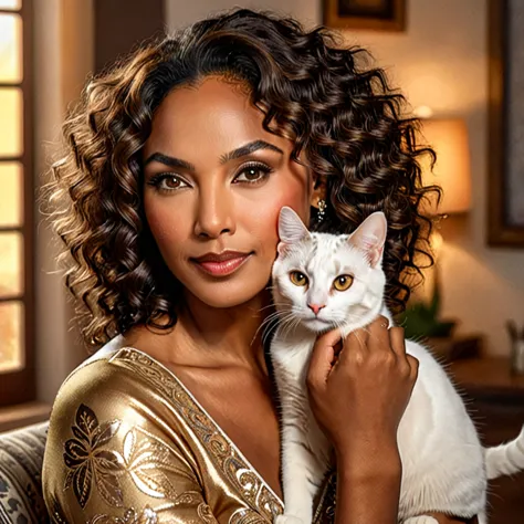 skswoman, a beautiful latina dark skin mature, abundant curly hair, 50 years, few wrinkles, with a cute cat, detailed eyes, deta...