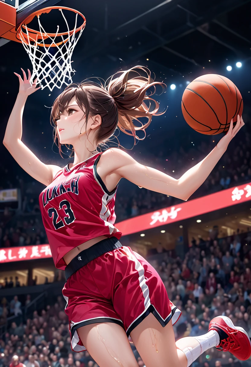 Young and beautiful woman,(Highest quality,Extremely detailed depiction,Incredible high resolution,Anatomically accurate depiction,software),(Glowing Skin,Glowing Skin,Sweat),basketballの選手,basketballのユニフォーム,basketball,Awesome dunk shot,Winning goal,background:basketballの試合中,From directly below:1.3