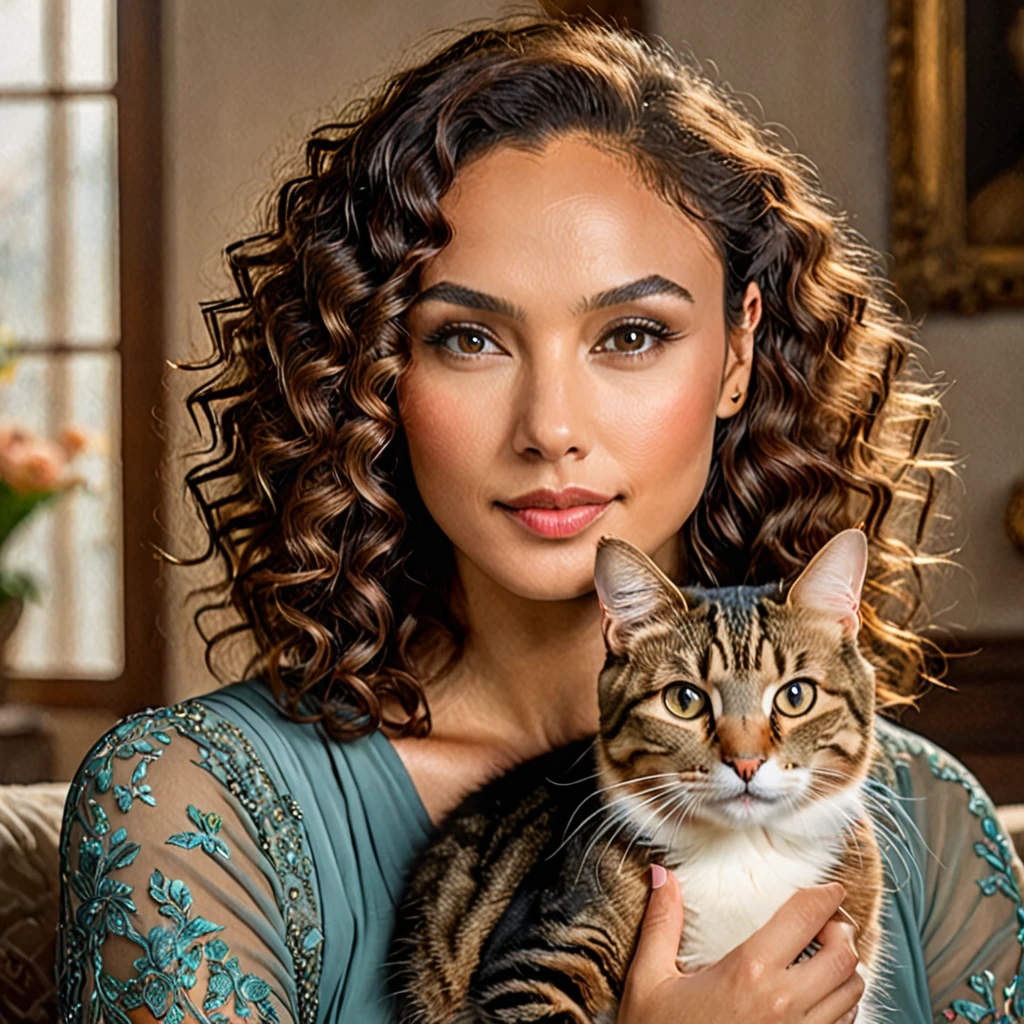 skswoman, uma bela europeia de pele clara madura, cabelo encaracolado, 22 anos, com um gato fofo, olhos detalhados, lábios detalhados, cílios longos, cabelo intricado, lindo retrato detalhado, Muito detalhado, 8K, fotorrealista, pintura digital profissional, paleta de cores quentes, iluminação suave, expressão serena, características delicadas, ELEGANT DRESS, sentado em um interior aconchegante, acaricie um gato no seu colo, companheiro felino, iluminação dramática, realismo impressionante
