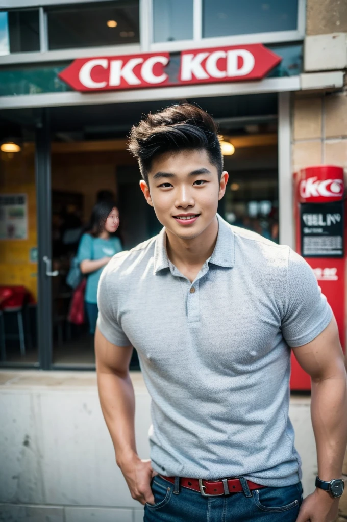 ((realistic daylight)) , Young Korean man in only a polo shirt, no stripes, and jeans., A handsome, muscular young Asian man looks at the camera.  , In the KFC store ,turn sideways, smile