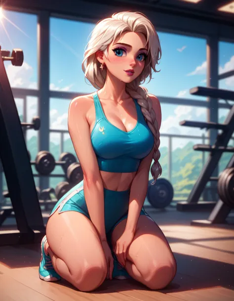 score_9,score_8_up,score_7_up,score_6_up, detailed soft lighting, cinematic film still casual elsa, (cute workout attire, long h...