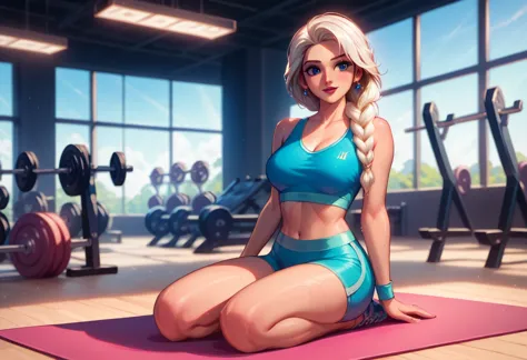 score_9,score_8_up,score_7_up,score_6_up, detailed soft lighting, cinematic film still casual elsa, (cute workout attire, long h...