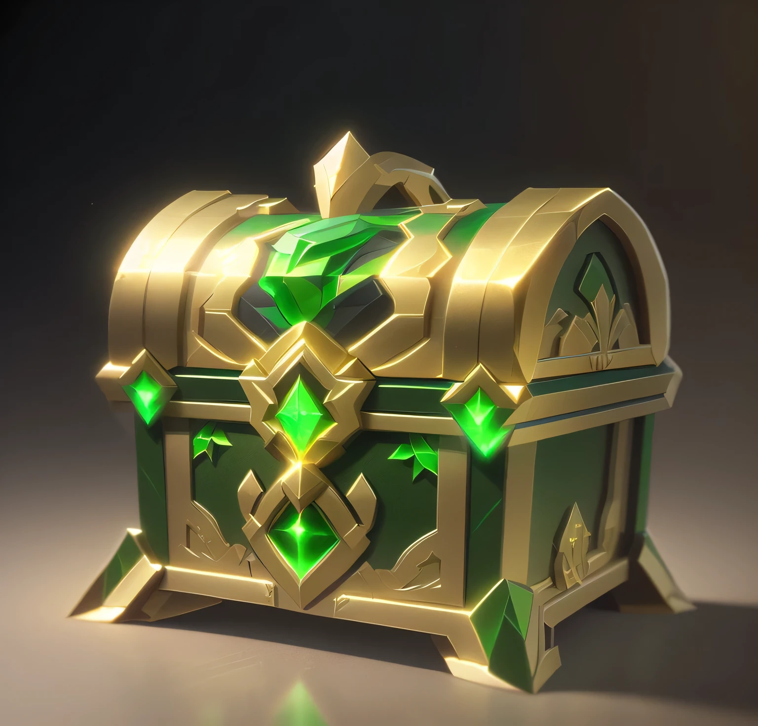 green treasure chest icon, simple , heroic, gold leaf accents, no human, luminous quality, stained-glass, technology, sci-fi, symmetry, depth of field 